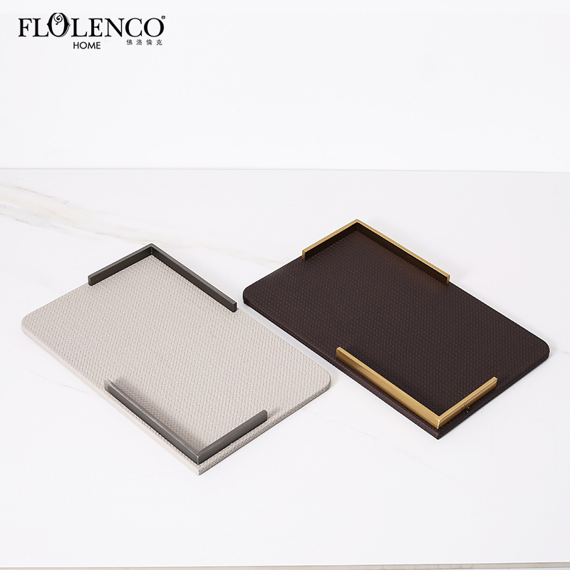 Simple Modern Home Square Handle Leather Tray Fashion Model House Exhibition Hall Coffee Table Decorative Storage Tray Ornaments