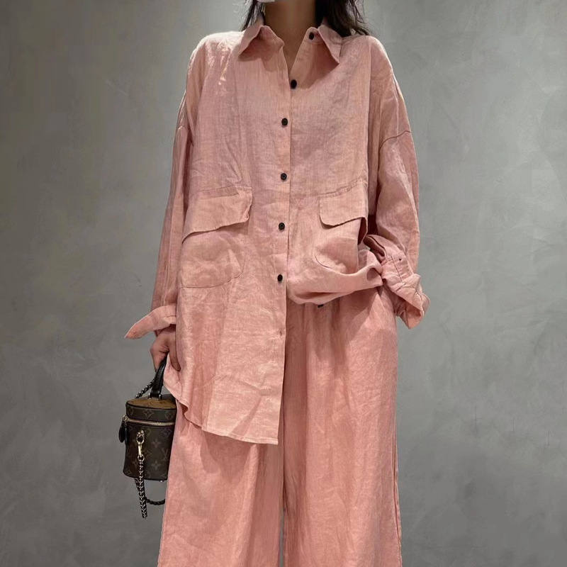 9509+8998 Linen Suit Shirt + Casual Pants Large Size Loose Fit Foreign Trade Order Shirt Casual Women's Aliexpress