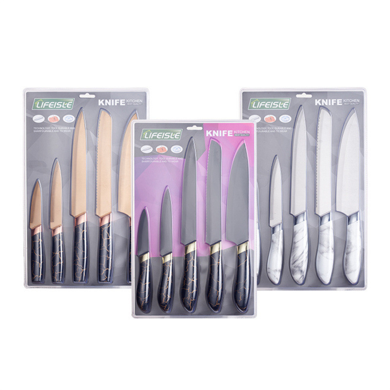 Kit de cuchillos de cocina 5 piezas de acero inoxidable mármol con cabeza galvanizada fábrica de embalaje de tarjetas de succión spot Yangjiang