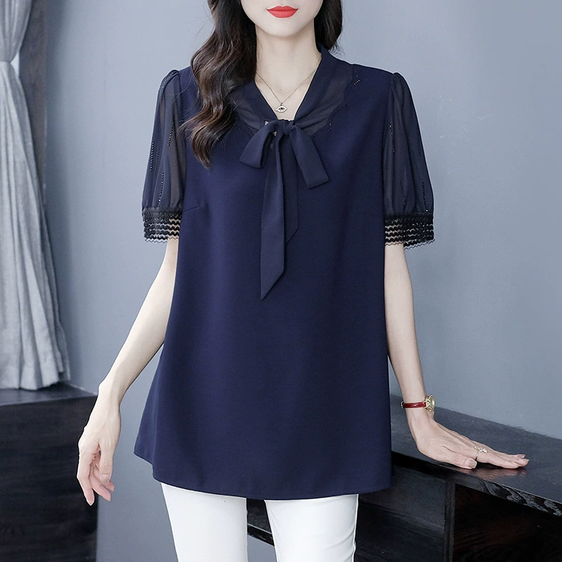 Модная женская летняя кружевная шифоновая рубашка больших размеров для мам, среднего и пожилого возраста, с короткими рукавами, на шнуровке, элегантный топ в западном стиле