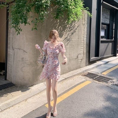Summer retro red shiffon fitted dress