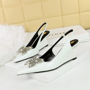 1097-K53 High Heel Slope Heel Lacquer Leather Shallow Mouth Pointed Hollow Back Strap Metal Diamond Bow Tie Single Shoes