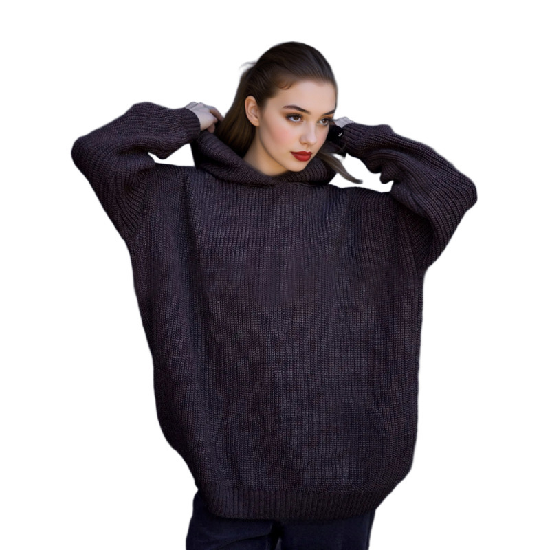 2026 Russian Style Loose Hooded Knit European and American Style Cross-Border Large Size Long-Sleeve Pullover Sweater Coat
