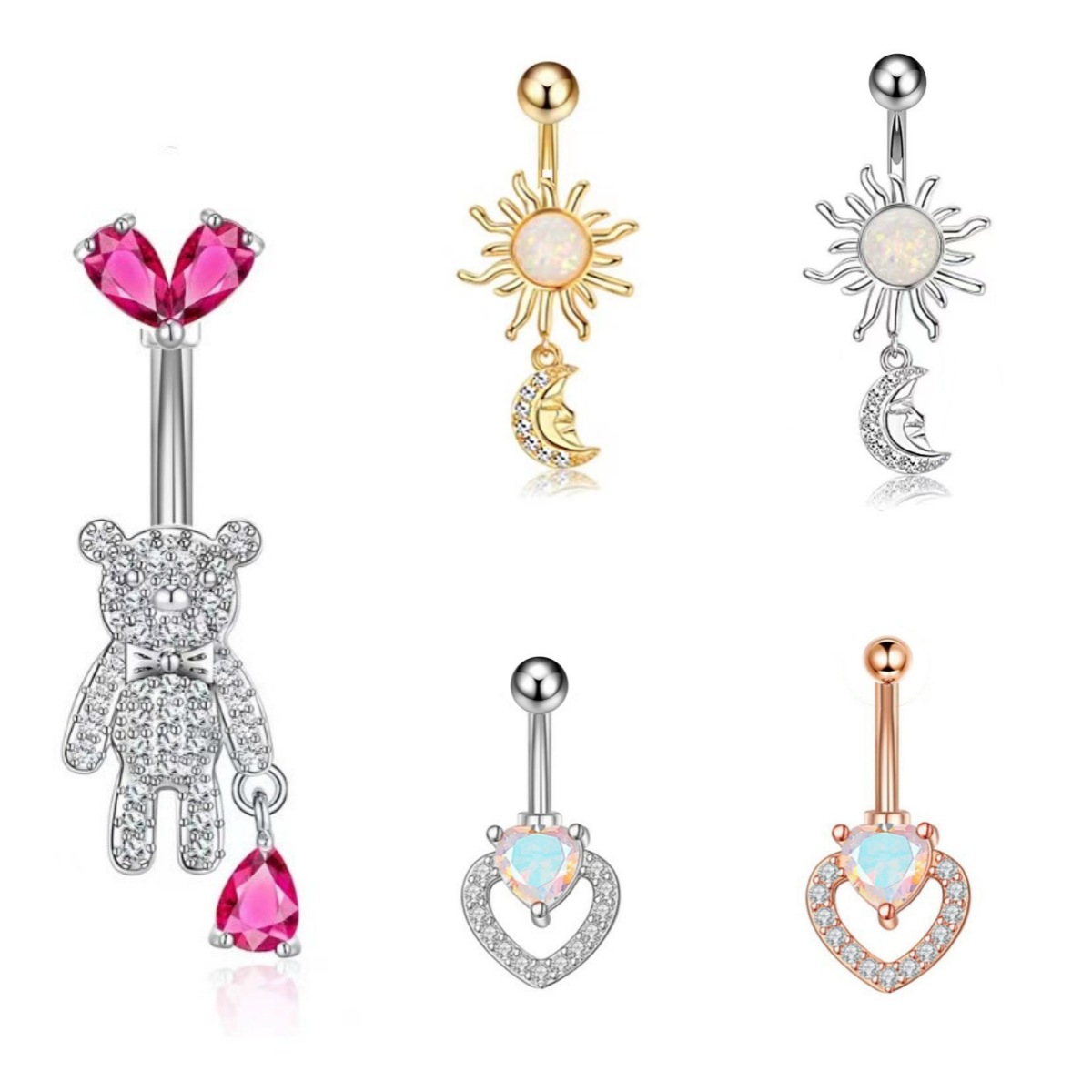 Alibaba.com Amazon New Product Flame Navel Ring Moon Pendant Navel Pin. Bear Pendant Navel Jewelry for Women. Heart Shape