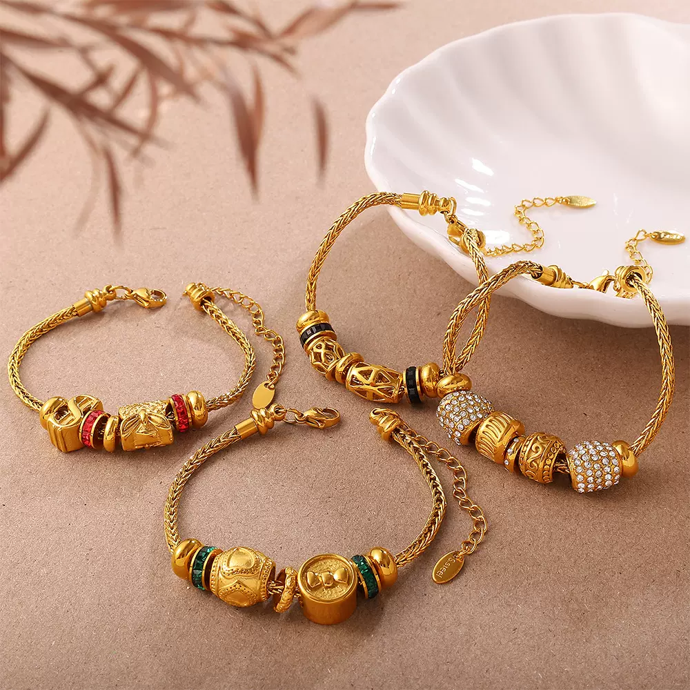 欧美复古风DIY雪花镂空镶钻吊坠手链不锈钢高级感金色串珠手链