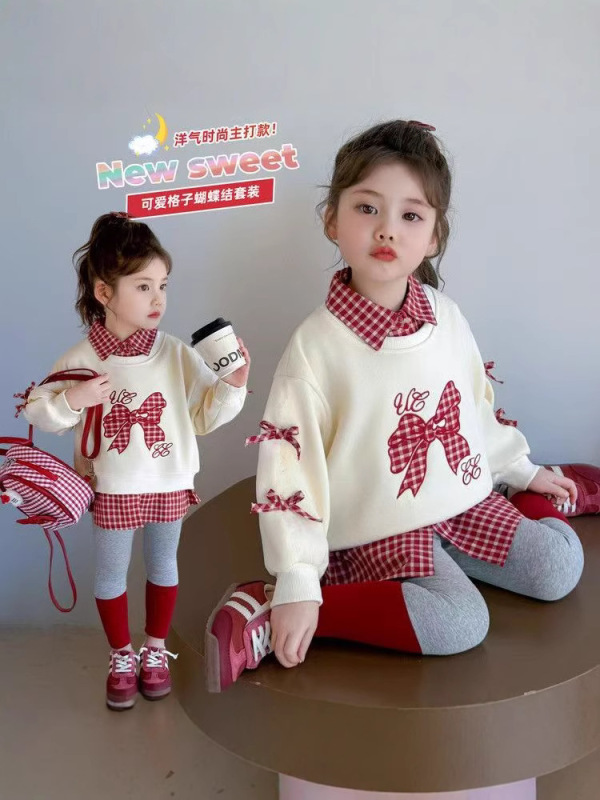 女宝宝蝴蝶结卫衣套装春秋款2025新款洋气韩版女童休闲运动两件套|undefined