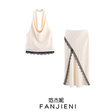 ZR外贸批发 欧美风女装  时尚蕾丝饰缎面挂脖领上衣半身裙3532896