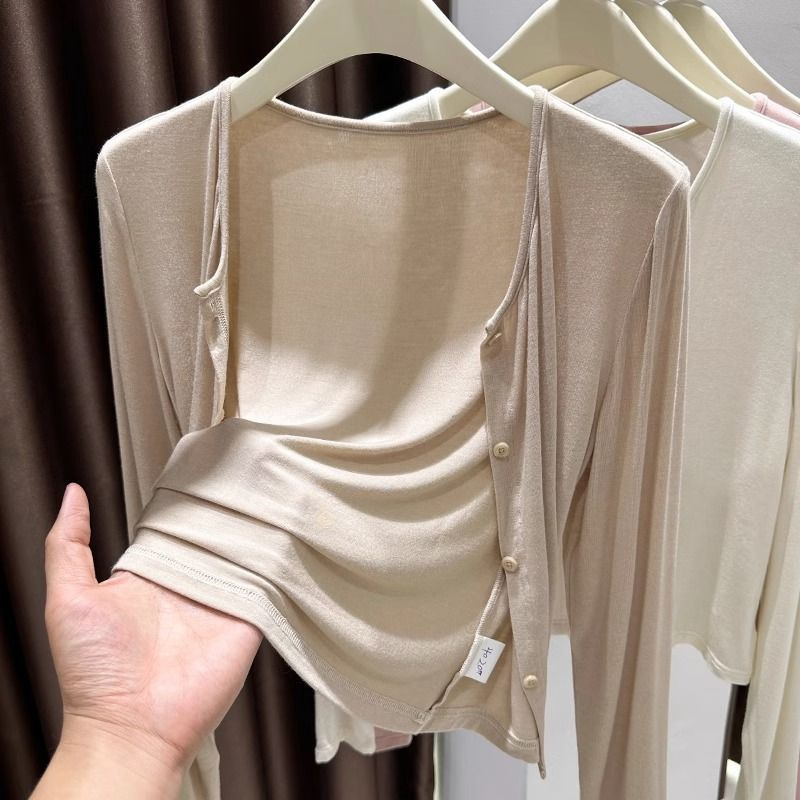 Modal Cotton Super Elastic Skin Cardigan Thin Women's Spring & Fall Suspender Skirt with Anti-Shawl Versatile Small Jacket