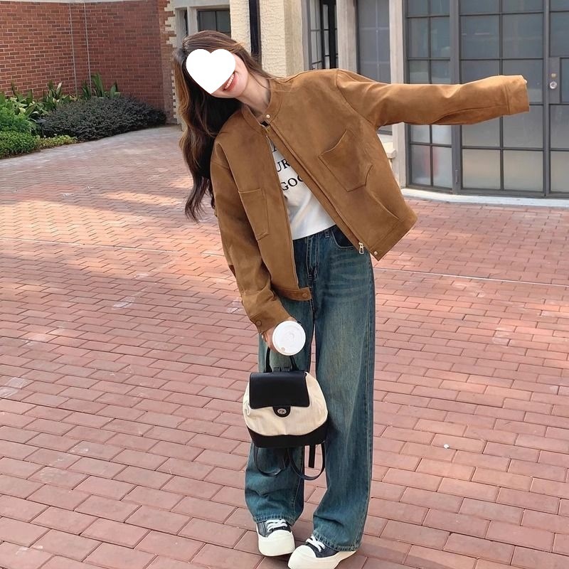 美拉德棕色夹克外套女麂皮绒春秋新款韩版宽松休闲百搭立领上衣潮|undefined