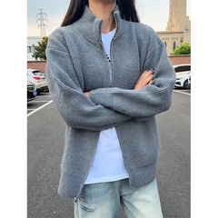 外贸毛衣美式双拉链立领针织衫男秋季高级感慵懒毛衣重磅开衫外套