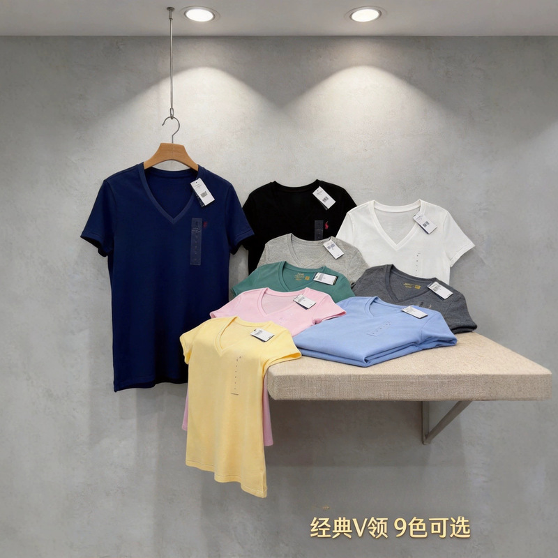High-End Version with Qr Code, Rl Ralph Lauren Slim Fit Basic Versatile Summer Casual Polo Shirt with Embroidered Logo, V-Neck Short Sleeve for Women