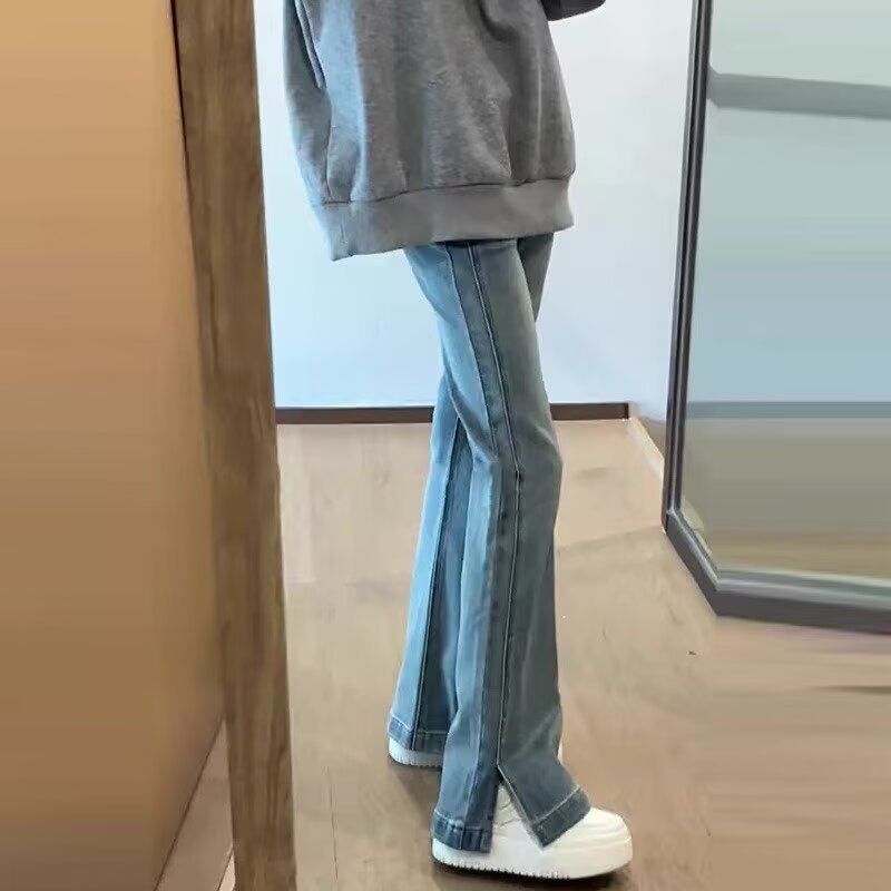 light blue Split Not Fit to Leg Micro Horn Jeans Women's Ins Straight Pants All-match Fashionable High Waist Slim Long Thin