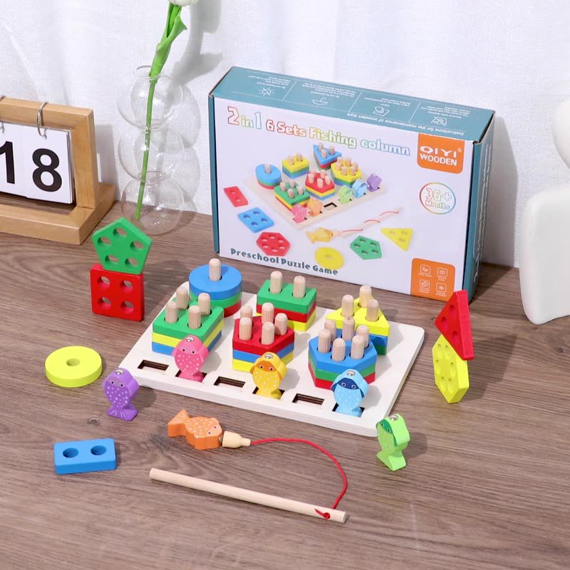 Forma geométrica cuatro juegos de caña de pescar 2 en 1 rompecabezas de madera juguetes para niños de 0-3 años de edad, regalo de jardín de infantes