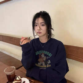 美式复古圣诞老人印花潮牌卫衣女银狐绒加厚宽松慵懒chic上衣