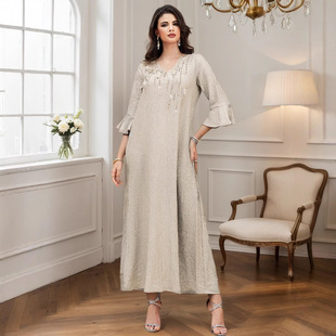 Ba5097 Milky Apricot Textured V Neck Bell Sleeve Dress Middle Eastern Elegant Robe