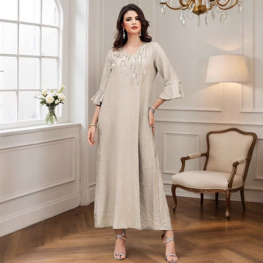BA5097 Milk Apricot Textured V-Neck Flared Sleeve Dress Elegant and Temperamental Robe