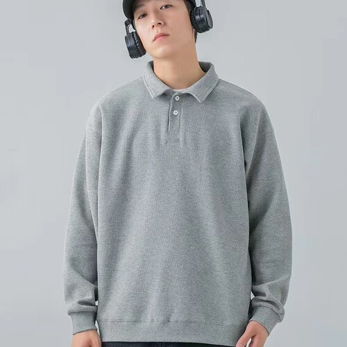 POLO Shirt Hoodie for Men - Spring and Autumn Season, Heavyweight, Japanese Style, Long Sleeve, Trendy Brand, Academic Style, Hong Kong Style, American High Street, Solid Color, Outerwear