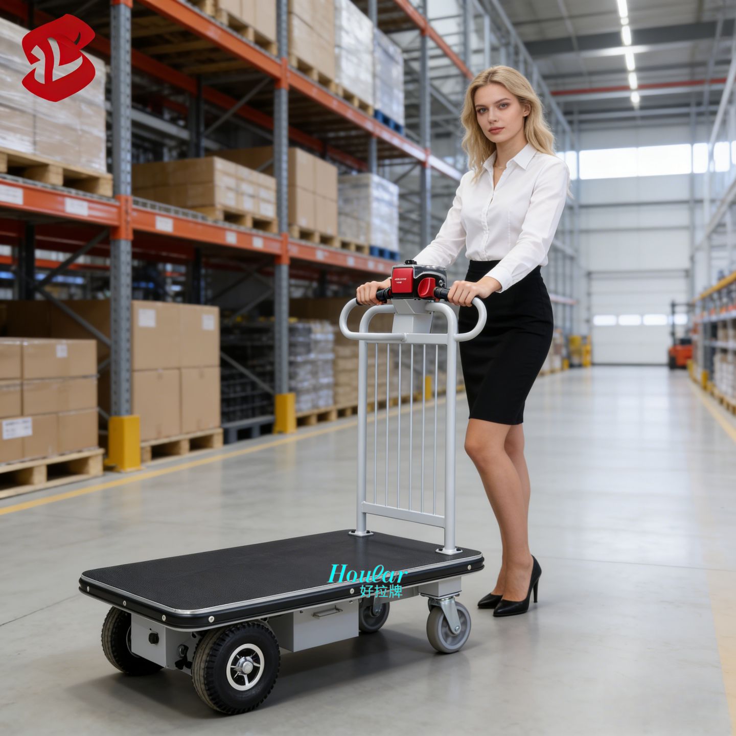 外贸款hoular牌电动手推车高配医废助力周转车护栏电瓶平板台车