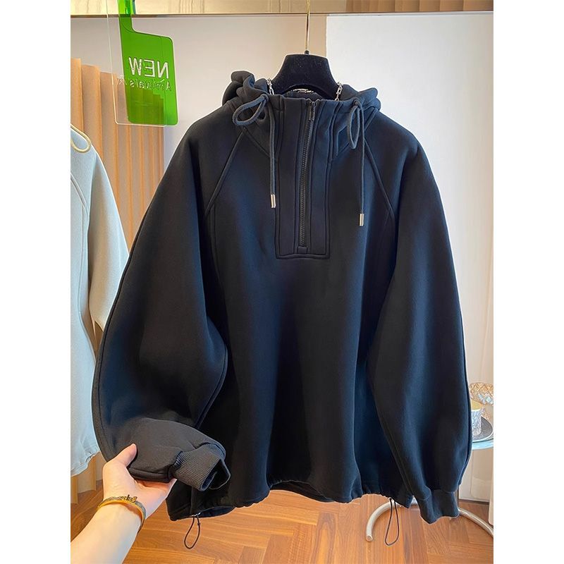 American-style Retro Half-zipper Hooded Lazy Style Sweat Women's Autumn and Winter Cold High-end Sense Pullover All-match Top