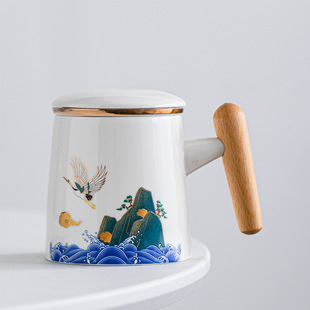 Ceramic tea cup with lid tea separation cup filter Cup creative wooden handle Cup office Cup gift Cup national fashion