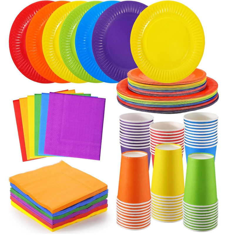 Cross-Border Supply of Disposable Colorfulful Paper Plates, Paper Cups and Tissue Sets, Birthday Party Decoration Props, DIY Handicrafts
