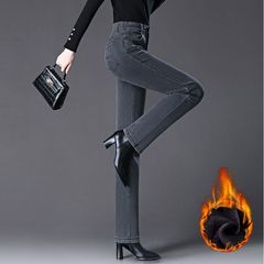 タバコの灰色のストレートジーンズの女性春秋の新型の中年の高腰の女性のズボンはやせている弾力性のお母さんのストレートなズボンのズボンを現します。