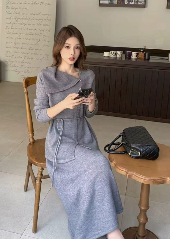 秋冬新款设计感慵懒风套装女宽松系带针织衫上衣＋半身裙两件套|undefined