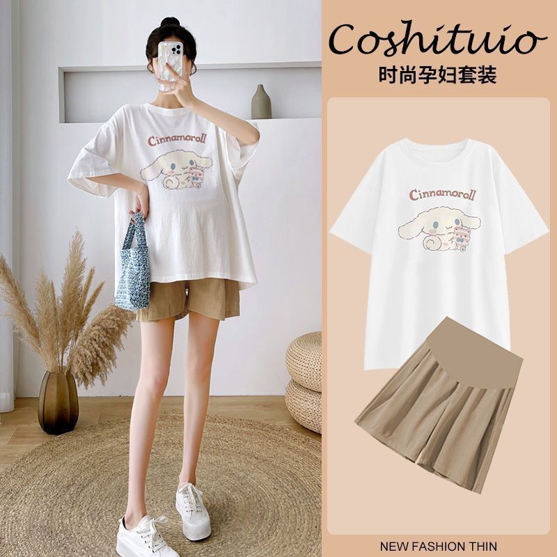 Pregnant Women Summer Two-Piece Set Fashionable Trendy Mom Cute Cartoon Cinnamomum Gui Dog Outer Belly Covering Top Maternity Dress Set Pregnant Women Summer Two-Piece Set Fashionable Trendy Mom Cute Cartoon Cinnamomum Gui Dog Outer Belly Covering Top Maternity Dress Set