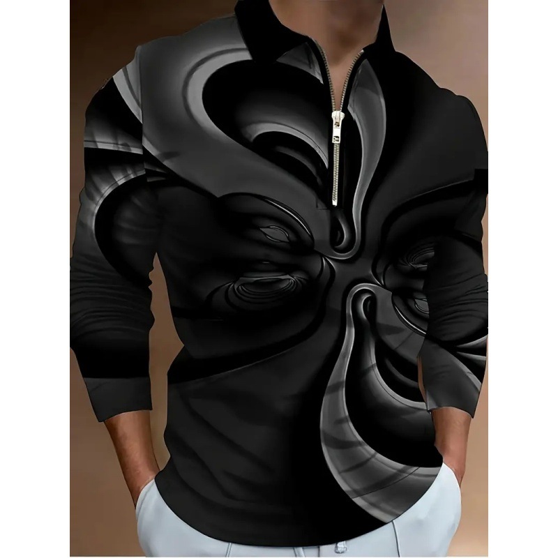 Venta caliente transfronteriza europea y americana estampada en 3D para hombres de la calle todo fósforo manga larga suelta cremallera transpirable camisa POLO solapa