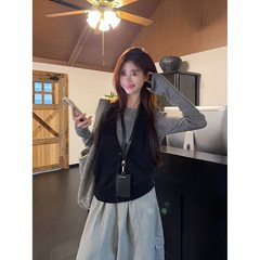 时尚韩系长袖针织衫叠穿挂脖背心女秋季显瘦百搭工装休闲裤三件套
