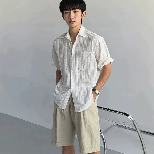 Old Money Style Hollow Mesh White Short-Sleeved Shirt for Men in Summer, Lightweight, Breathable, Versatile, Loose Casual Shirt Jacket