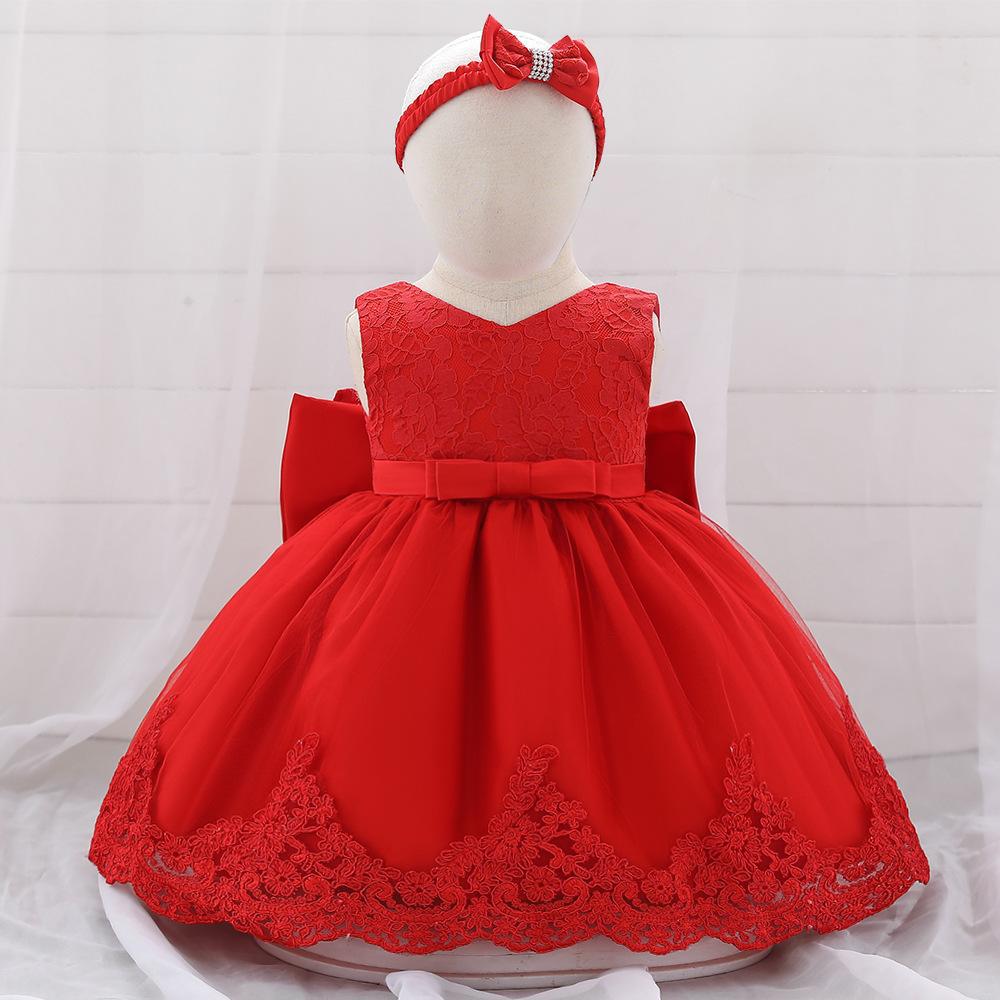 Vestido de bebé Amazon con lazo grande, vestido de novia de encaje, vestido de princesa, regalo para bebé de un año, diadema, superventas transfronterizo.