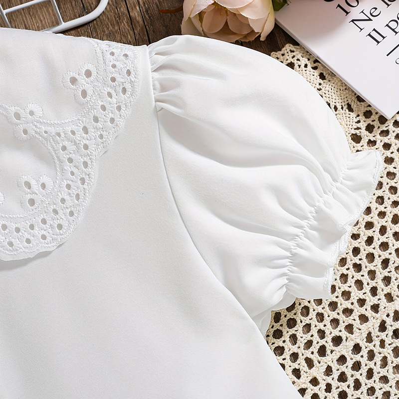Camisas de niñas de verano suministro transfronterizo pura muñeca blanca cuello manga burbuja niños pequeños y medianos adorables camisetas