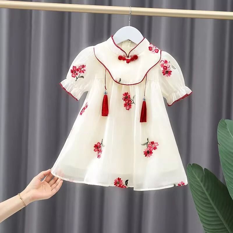Baby Girl Chinese Style Pearl Qipao Dress 2026 Summer New Embroidered Floral Dress Fashionable Hanfu