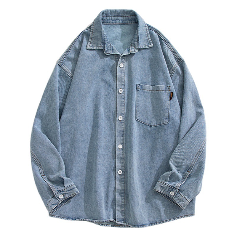 Camisa de Mezclilla de Manga Larga Estilo Montaña Retro para Hombre Hanlu, Camisa Informal Holgada y Versátil de Primavera para Hombre, Chaqueta Camisa Lavada