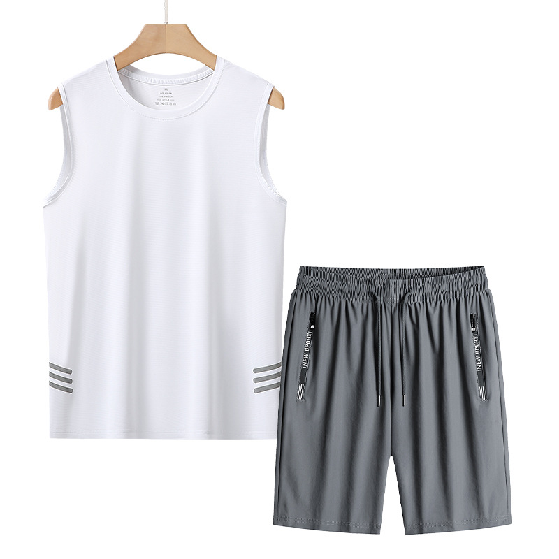 Traje de chaleco de seda de hielo de talla extra grande para hombres, chaleco deportivo fino de mediana edad y ancianos, traje de dos piezas suelto de verano para papá