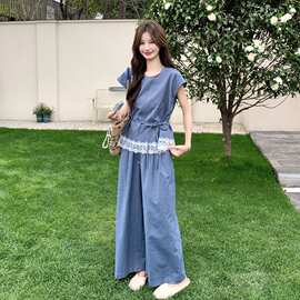 蓝色法式氛围感蕾丝花边休闲套装女夏季2026新款上衣阔腿裤两件套