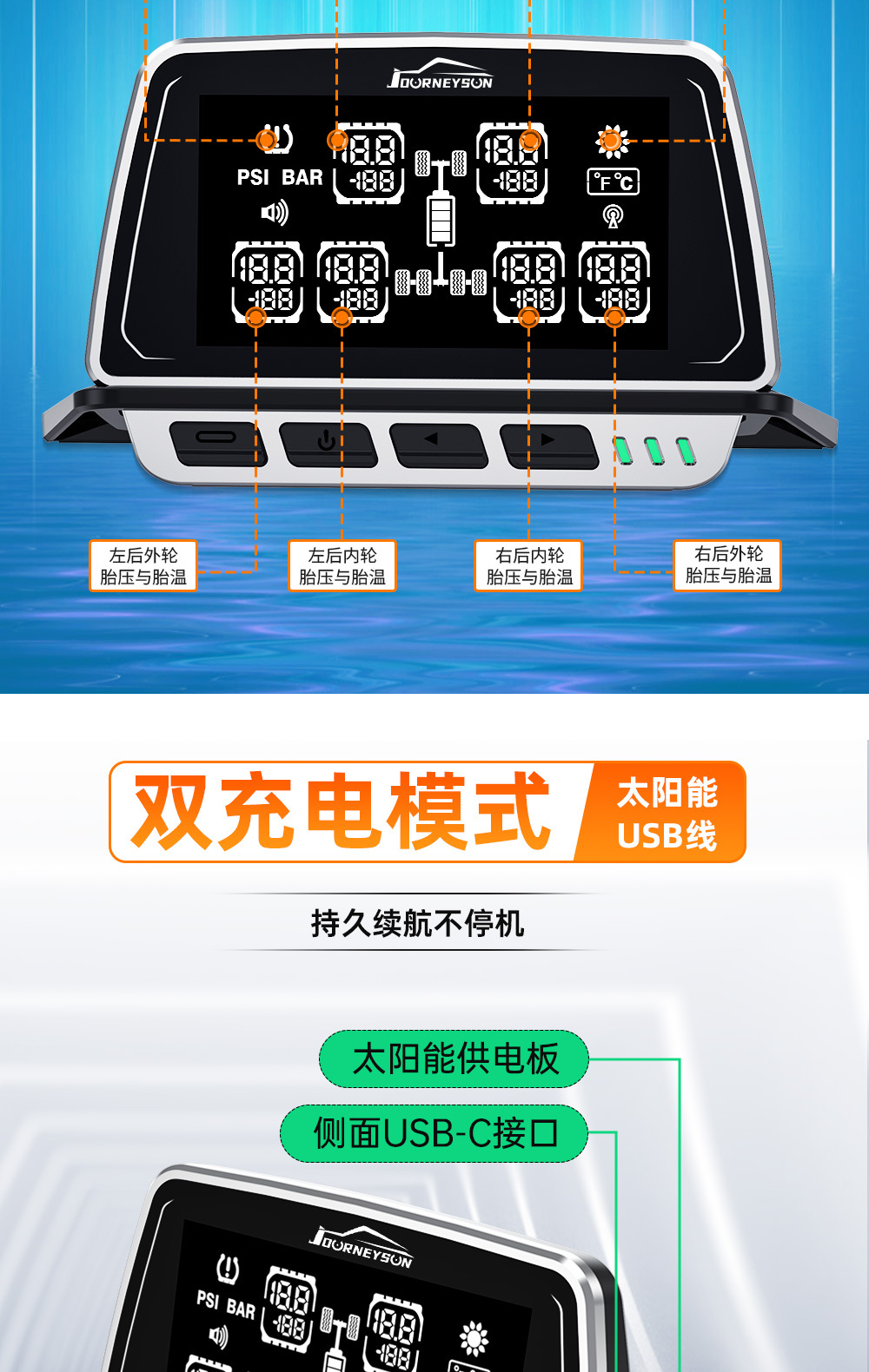 Large Truck Tire Pressure and Temperature Monitor with Large Screen Display, 6-Wheel Simultaneous Display, Color Screen Design, Built-In and External Sensors