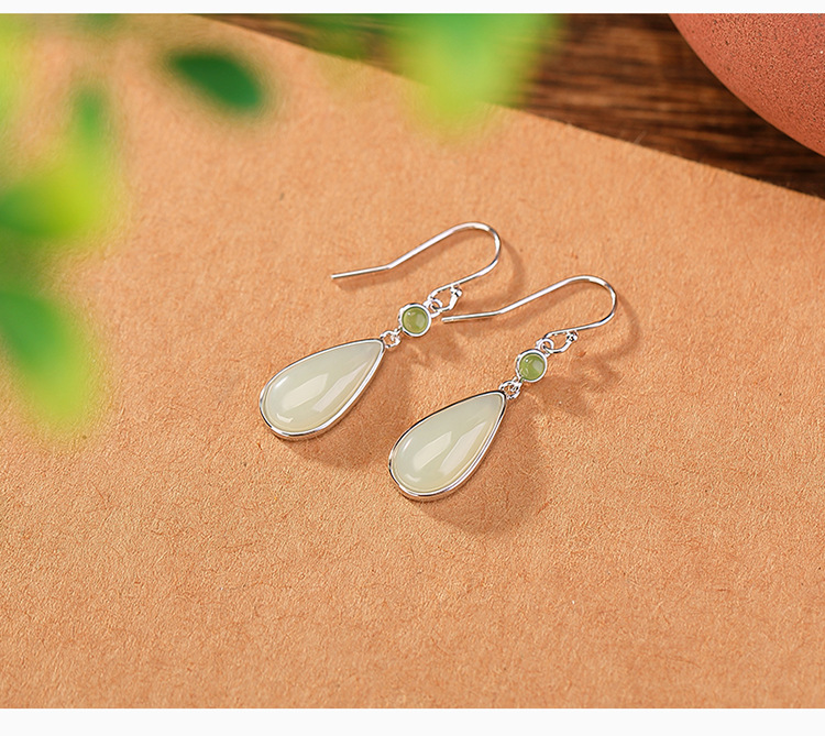 Bông tai móc bạc S925 mạ vàng hình nai, mặt ngọc bích phong cách retro giọt nước chữ Hỷ — Kiểu màu bạc chi tiết 5