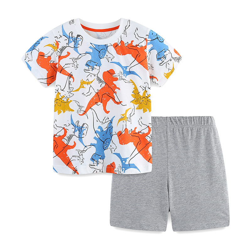 Traje de manga corta para niños de verano transfronterizo Camiseta de cuello redondo para niños impresa de moda Conjunto de pantalones cortos para niños de punto de 2 piezas