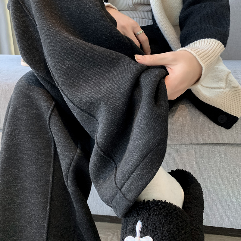 2025秋冬裏起毛厚手ソフトもち米素材ワイドレッグパンツ レディース ハイウエストストレートスポーツカジュアルゆったりロングパンツ 着痩せ効果