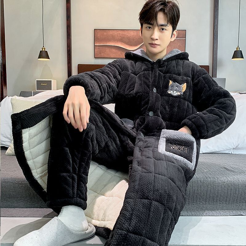 Three-Layer Quilted Coral Velvet Thickeneded Korean Style Hooded Men's Pajamas Teenagers Mid-Length Nightgown and Trousers Two-Piece Set