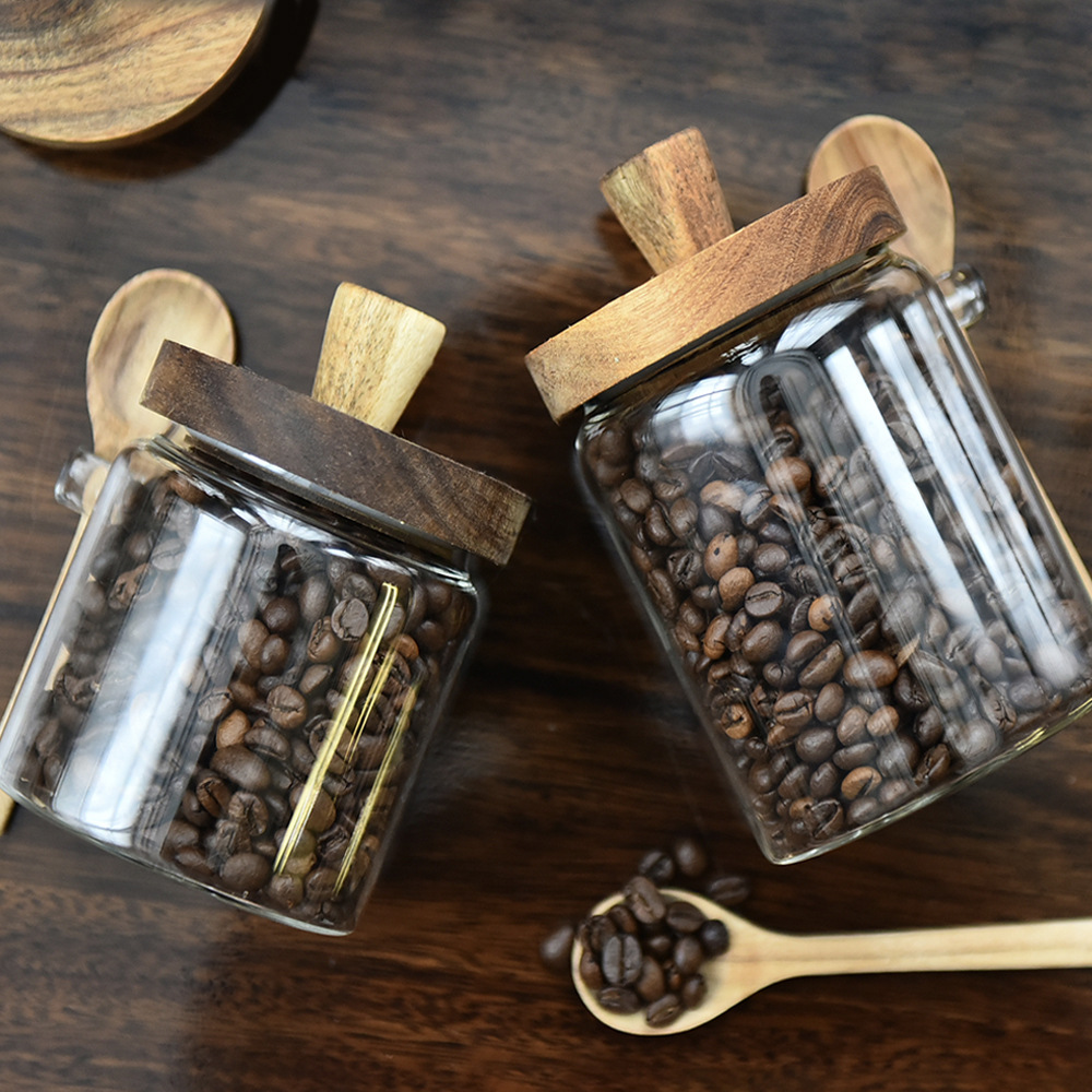 Tanque de vidrio sellado japonés, tanque de almacenamiento de granos de café doméstico con botella de condimento de cuchara de madera, tanque de almacenamiento de alimentos de cocina mayorista