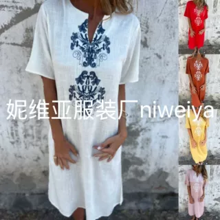 2025跨境亚马逊欧美女装春夏新款圆领时尚宽松印花长款连衣裙长袍