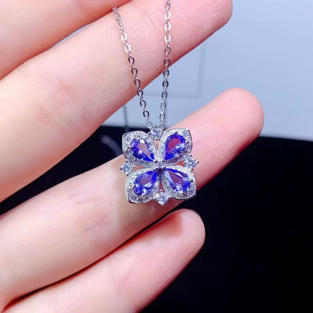 Подвеска из натурального танзанита, стерлинговое серебро 925 пробы, капля воды, четырехлистный клевер, модный индивидуальный дизайн, красочная цепочка на ключицу, ювелирные изделия для женщин