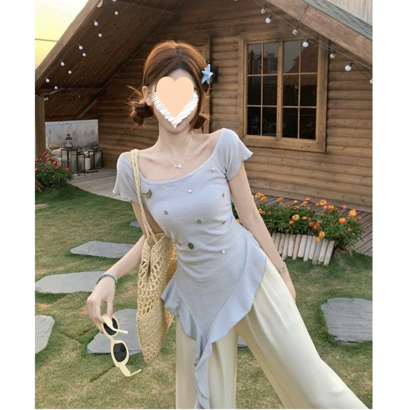 Женская летняя рубашка 2025 года, новый дизайн в корейском стиле, асимметричный кружевной лист лотоса, облегающий топ на одно плечо, чистое желание