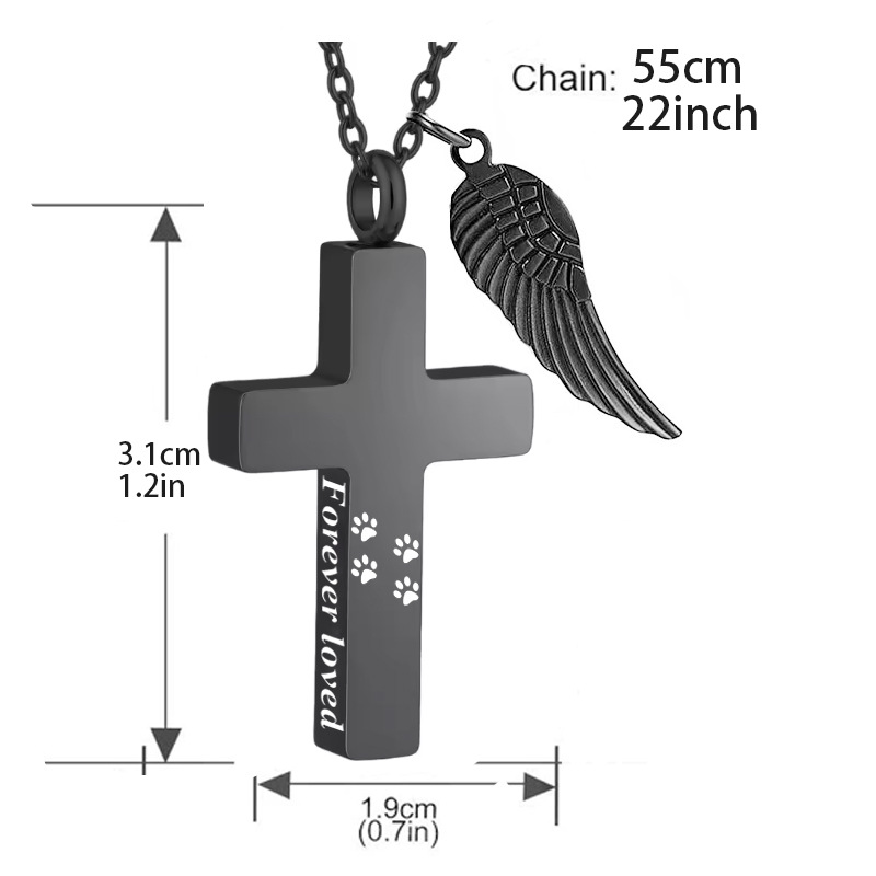 Halskette mit Pfotenabdruck-Kreuz aus Edelstahl, Herrenschmuck, klassischer Anhänger mit Engelsflügeln und Tieraschebox_voghion.com