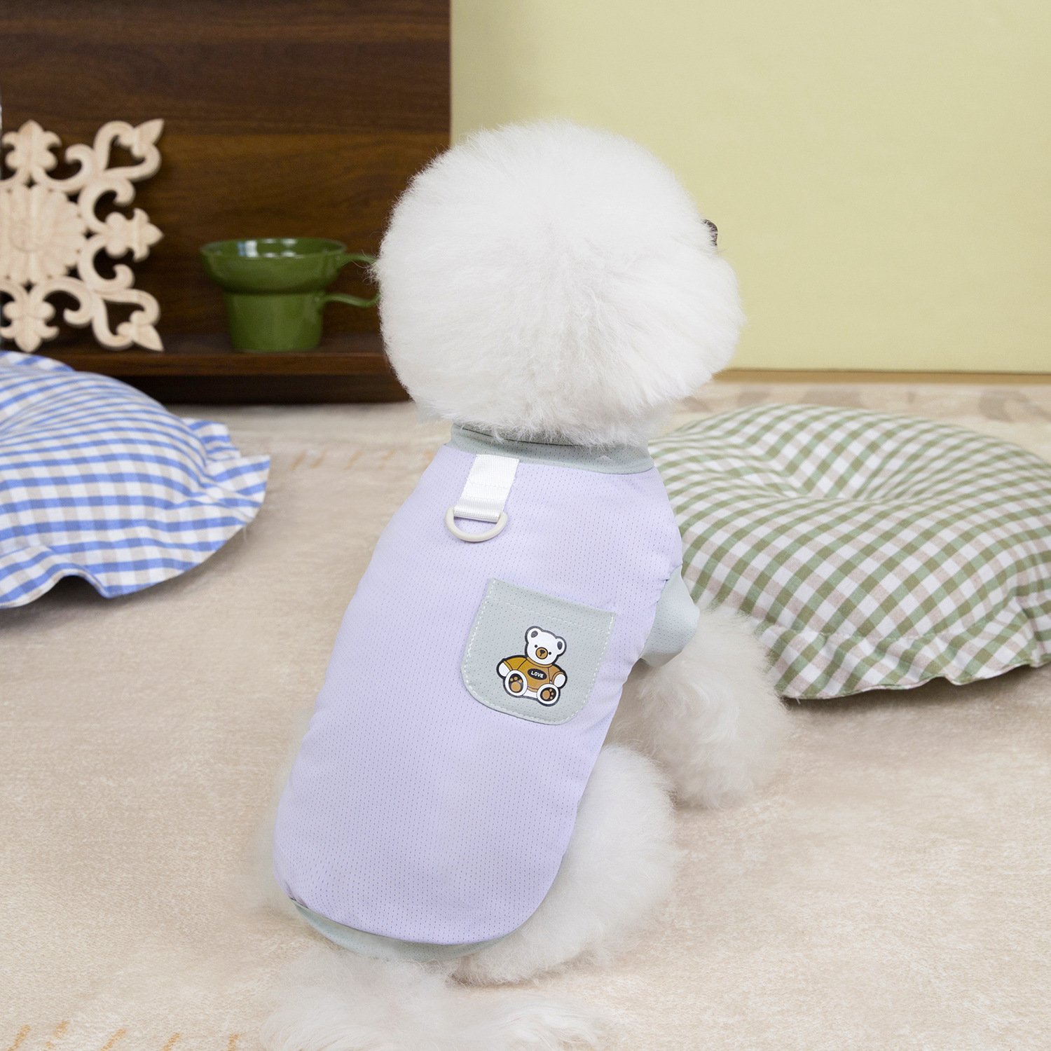Primavera y verano perro lindo macaron bolsillo oso camiseta perro pequeño y mediano peluche bichón gato mascota ropa