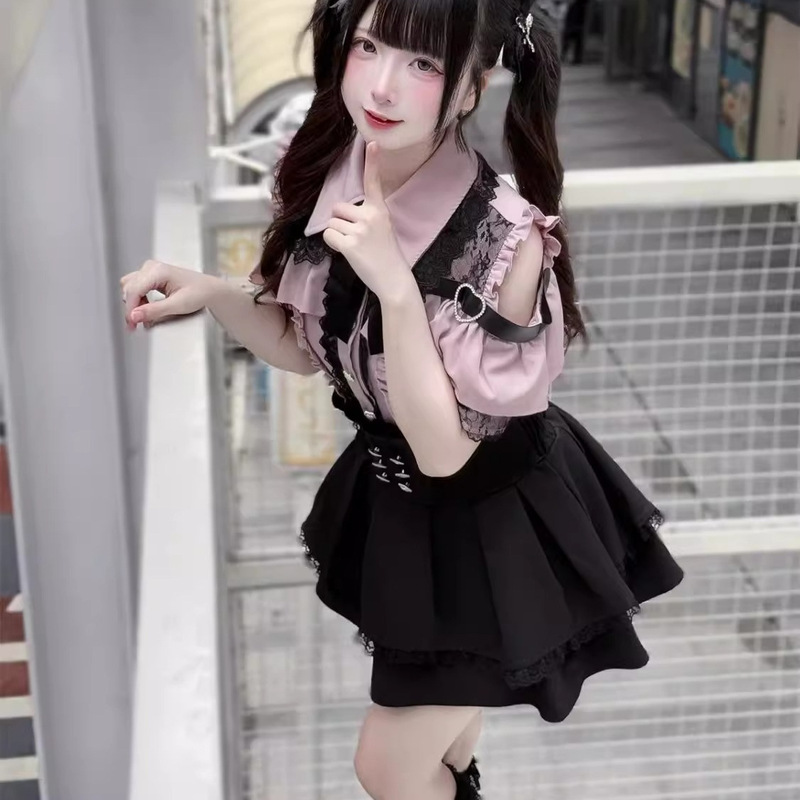 Mine Hot Girl Lace Japanese Shirt Top High Waist Half Skirt Off Shoulder Slim Two-Piece Suit Mine Hot Girl Lace Japanese Shirt Top High Waist Half Skirt Off Shoulder Slim Two-Piece Suit