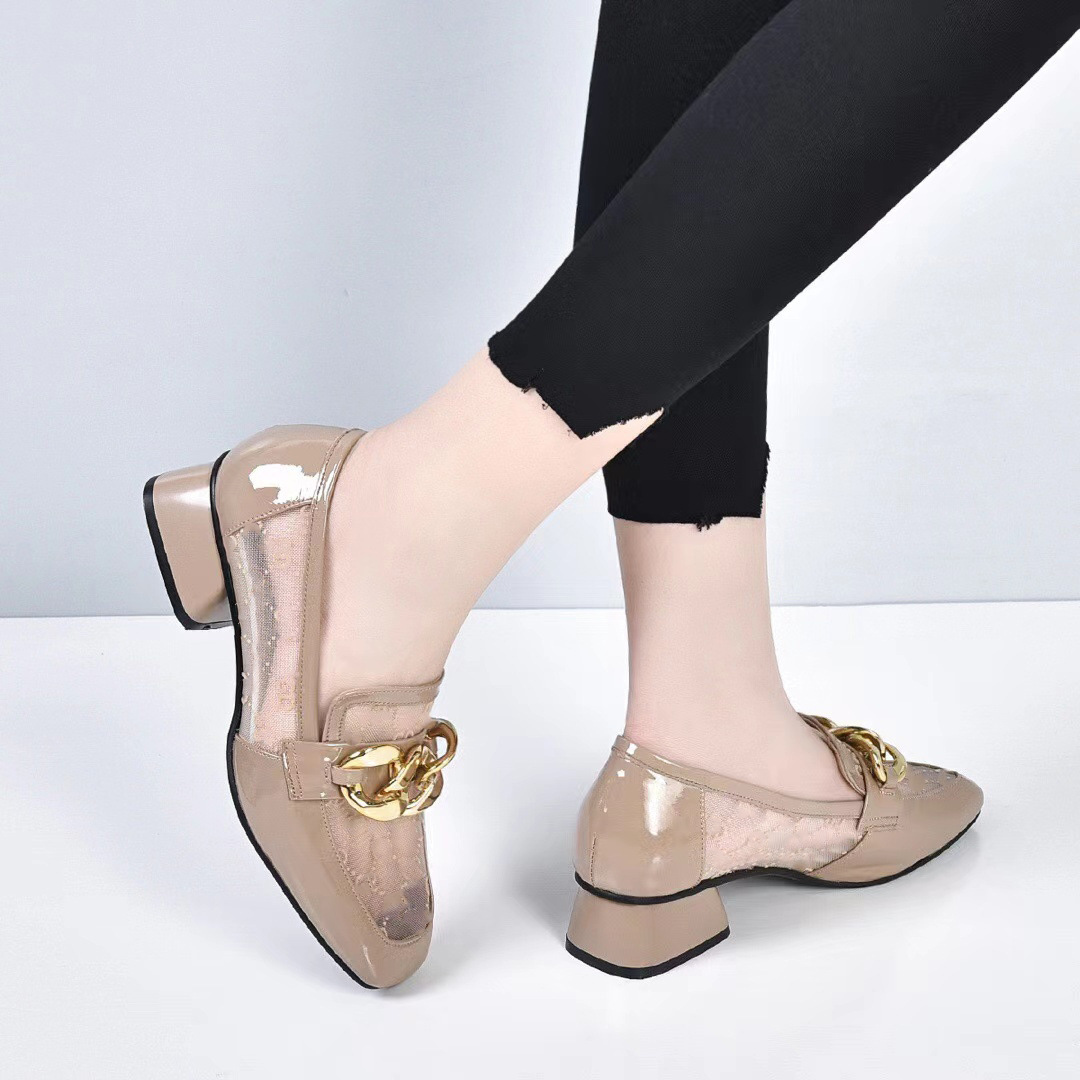 Giày Loafer Nữ Da Thật Đầu Vuông Gót Chunky 3 cm — Lưới đen (gót 3CM) chi tiết 7